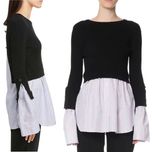 KENZO PARIS LAYERED RIBBED COTTON BLEND KNIT AND COTTON POPLIN SWEATER SHIRT XL - Picture 4 of 16